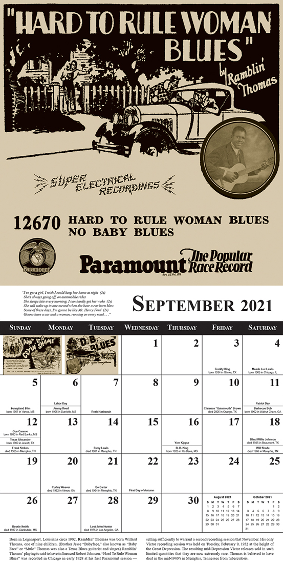 Tefteller 2021 Blues Calendar sample month