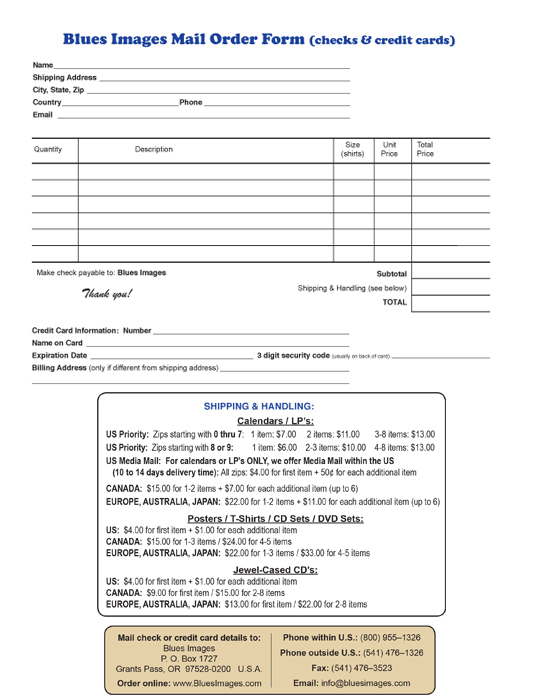 Blues Images Mail Order Form to print out and mail